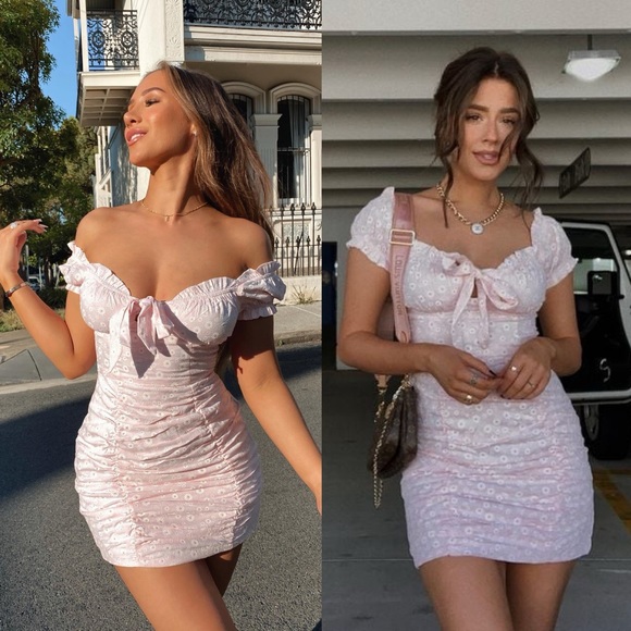 Princess Polly Dresses & Skirts - Princess Polly Back to Paris Pink White Floral Print Tie Bust Ruched Mini Dress